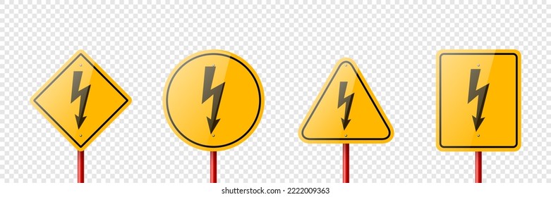 Vector Yellow Warning, Danger Stop Sign Frame with Lightning Arrow Iicon Set Isolated. Rhombus, Circle, Triangle, Rectangle Dangerous Sign Collection. Design Template of Road Sign