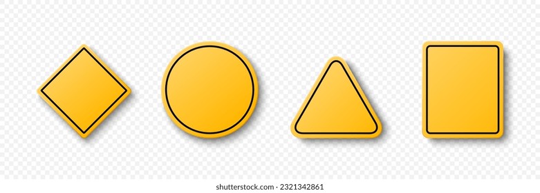 Vector Yellow Warning, Danger Stop Sign Frame Icon Set Isolated. Rhombus, Circle, Triangle, Rectangle Dangerous Sign Collection. Design Template of Road Sign