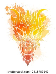 Vector yellow watercolor illustration of a silhouette dragon with splatters on white background. Fantasy clipart of silhouette wyvern with dye sprays for sublimation, stickers and icons.