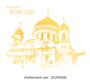 Vector yellow watercolor Saint Basil's cathedral, Moscow, Russia