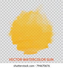 Vector yellow watercolor sun, isolated on transparent background. Illustration.