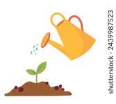 Vector yellow watering can isolated on a white background. Gardening tools. Seedlings are watered from a watering can. Vector illustration.