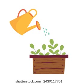 Vector yellow watering can isolated on a white background. Gardening tools. Seedlings are watered from a watering can. Vector illustration