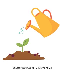 Vector yellow watering can isolated on a white background. Gardening tools. Seedlings are watered from a watering can. Vector illustration.