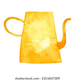 Vector yellow watering can. Simple minimalist style. Gardening Tools. Watercolor illustration. Hand art.