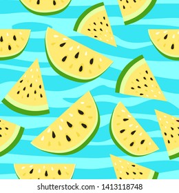 Vector yellow watermelon background with black seeds. Seamless watermelons pattern. Vector background with watercolor watermelon slices. Cute seamless vector pattern with watermelons.
