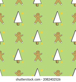 Vector Yellow Weckmann German sweets with Christmas tree seamless background pattern