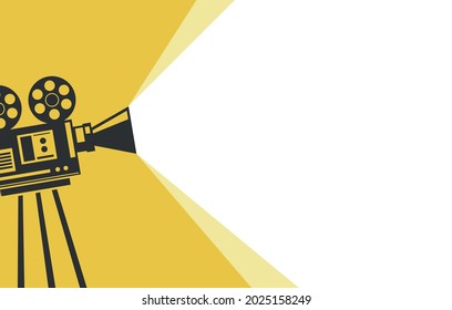 Vector yellow and white background with lighting old fashioned camera on the tripod