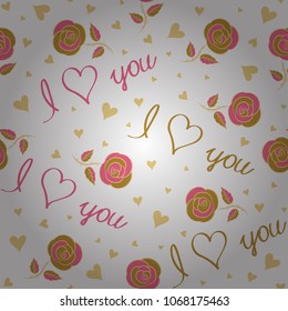 Vector yellow, white and beige hearts, rose flower, love letter and love text seamless pattern. Multicolor seamless pattern.