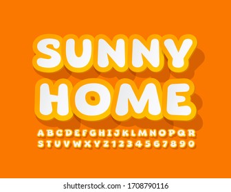 Emblema vectorial amarillo y blanco Casa soleada con fuente adhesiva. Letras y números de alfabeto creativos