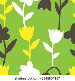 Vector yellow and white illustration of bouquet bell and tulip flowers with leaves isolated on a green background. Seamless pattern
