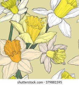 Vector Yellow and white jonquil daffodil narcissus seamless pattern