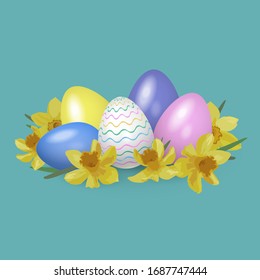 Vector yellow white pink violet and horizontal blue eggs on a turquoise background in yellow spring daffodils colors. Easter set. Holiday decorations
