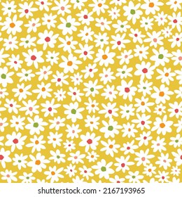 Vector yellow and white scattered fun daisy flowers repeat pattern with colourful center. Suitable for textile, gift wrap and wallpaper.