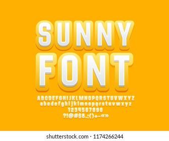 Vector Yellow and White Sunny Font. Cute Alphabet Letters, Numbers and Symbols
