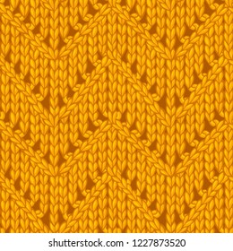 Vector Yellow ZigZag Chevron Stitch Pattern. Lace jersey hand-knitted fabric material. High detailed knitting boundless background. Hand-drawn woollen knitwear.