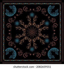 Vector yellow-brown-blue abstract pattern of emerald color. Ethnic pattern, black background. Frame edging from dots of different