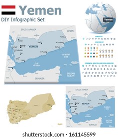 Vector Yemen maps, Yemen flag, Globe, showing where the country is located, point markers and related icon set