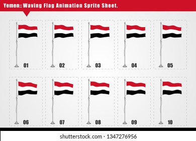 Vector Yemen waving flag animation. Sequence frames sprite sheet illustration. Smooth waving animation sprites on white background, Yemen flag vector animation frames.