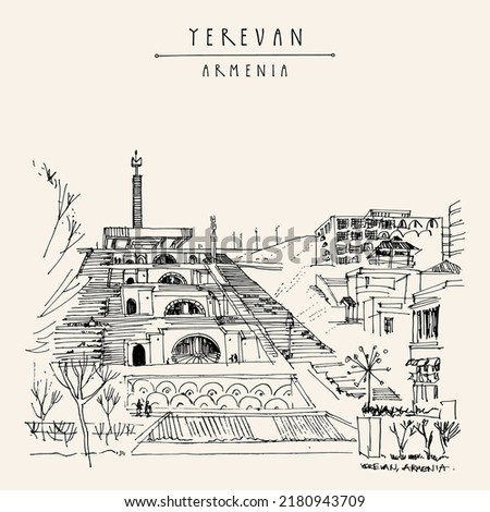 Vector Yerevan, Armenia postcard. Famous Cascade complex. Tourist attraction Travel sketch drawing. Hand drawn vintage touristic postcard, poster, book or calendar illustration