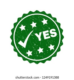 Vector Yes grunge stamp seal with tick inside. Green Yes imprint with grunge texture. Round rubber stamp imprint.