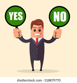 Vector. Yes or no choice business concept web info graphics  illustration. Businessman check mark cross true false sign icons.  man confused choosing option.    
