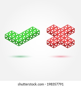 Vector yes or no icons made with triangles in 3d - abstract symbol