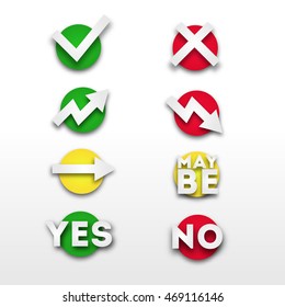 Vector Yes, No, Maybe and course schedule cursors check marks on circles with shadows. Icons for web design. EPS 10