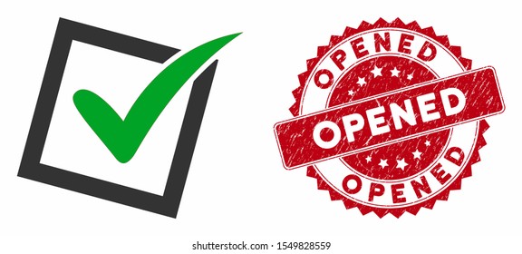 Vector yes poll icon and distressed round stamp seal with Opened text. Flat yes poll icon is isolated on a white background. Opened stamp seal uses red color and distress design.