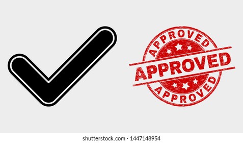 Vector yes tick pictogram and Approved seal stamp. Red rounded scratched seal stamp with Approved caption. Vector composition for yes tick in flat style. Black isolated yes tick pictogram.