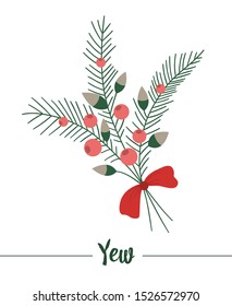 Vector yew with red bow isolated on white background. Cute funny illustration of new year symbol. Christmas flat style traditional plant picture for decorations or design.