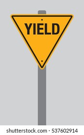 A vector yield sign on a pole over a simple grey background.