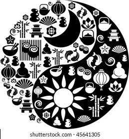 Vector Yin Yang with collection of Zen and oriental icons