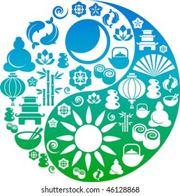 Vector Yin Yang with collection of Zen and oriental icons