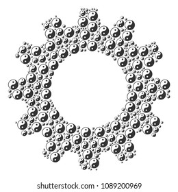 Vector yin yang icons are combined into gearwheel mosaic. Mechanics design concept constructed from yin yang components.