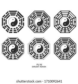 Vector Yin and yang symbol with Bagua Trigrams. Fu Xi "Earlier Heaven" Bagua arrangement