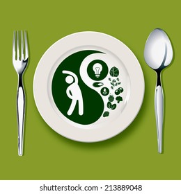 Vector of Yin yang symbol on white plate with spoon and fork on green background balanced concept