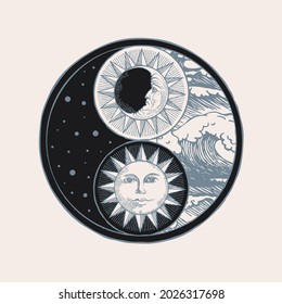 Vector yin yang symbol with sun, moon, stars and sea waves. Hand-drawn stylized sun and moon with human face, day and night. Occult and mystic sign of harmony, balance, feng shui, opposite, zen, yoga