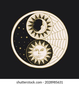 Vector yin yang symbol with sun, moon, stars and cobweb on a black. Hand-drawn stylized moon and sun with human face, day and night. Occult and mystical sign of harmony, balance, feng shui, zen, yoga