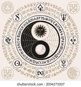 Vector yin yang symbol with sun, moon, cobweb and magic signs, written in a circle. Hand-drawn stylized moon and sun with human face, day and night. The sign of harmony, balance, feng shui, zen, yoga