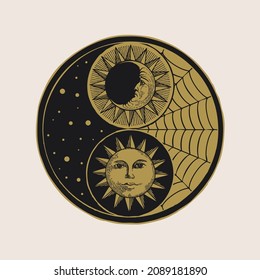 Vector yin yang symbol with sun, moon, stars and cobweb in black and bronze colors. Hand-drawn stylized moon and sun with human face, day and night. The sign of harmony, balance, feng shui, zen, yoga