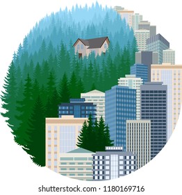 vector Ying yang balance illustration with city and woodland forest