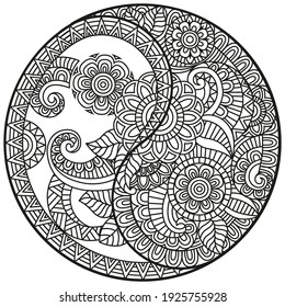 Vector Yin-Yang symbol. Coloring book for adult in Oriental style with flowers and ethnic floral ornaments. Circular mandala pattern for henna, mehndi, tattoo, decoration.