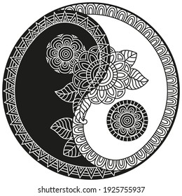 Vector Yin-Yang symbol. Coloring book for adult in Oriental style with flowers and ethnic floral ornaments. Circular mandala pattern for henna, mehndi, tattoo, decoration.