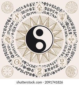 Vektor-Yin-Yang-Symbol mit magischen Zeichen und Runen in einem Kreis im Retro-Stil geschrieben. Esoterische und mystische Zeichen der Ausgewogenheit, Harmonie, Einheit und Gegensätze, Feng Shui, Zen, Yoga, männlich und weiblich