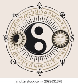 Vector yin-yang symbol with sun, moon and magic signs written in a circle on an old paper background. Mystical sign of balance, harmony, eng Shui, Zen, yoga, unity and opposites, Fday and night