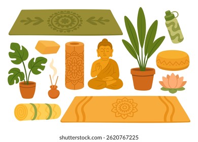 Vector yoga accessories in warm tones for wellness, sport and meditation projects.