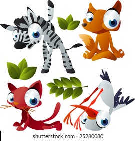 vector yoga animals set 181: zebra, fox, cat, stork