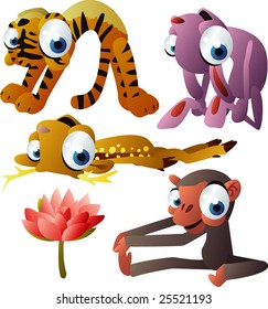 vector yoga animals set 182: tiger, rabbit, deer, monkey