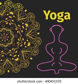 Vector yoga banner, pose with mandala background
